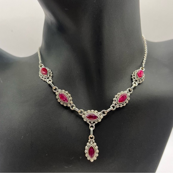 Marquise Cut Genuine Ruby Vintage 925 Sterling Silver Necklace - Picture 1 of 3